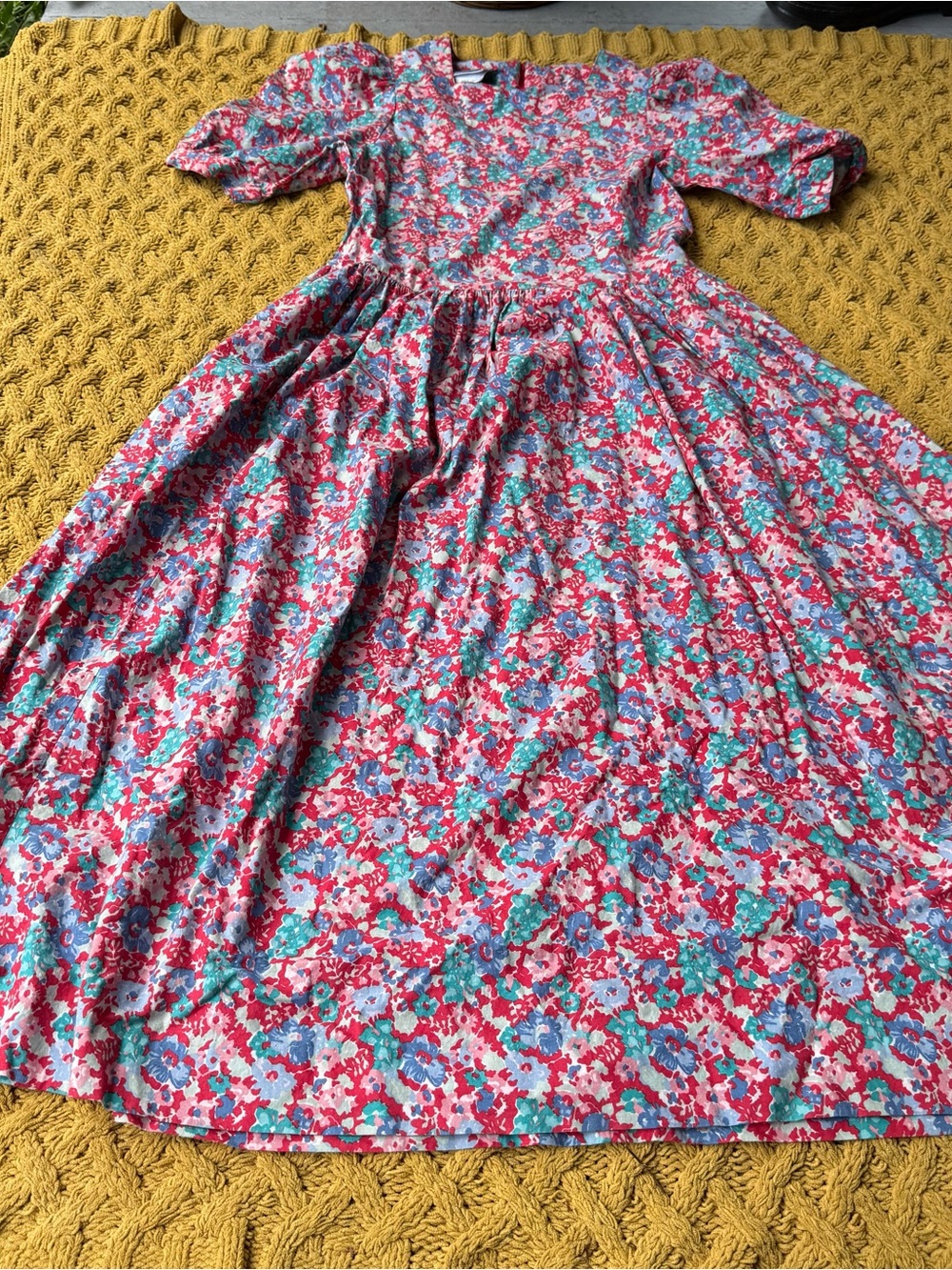 Vintage 90s Laura Ashley Cotton Puff Sleeve Floral Cottagecore Midi Dress US 10